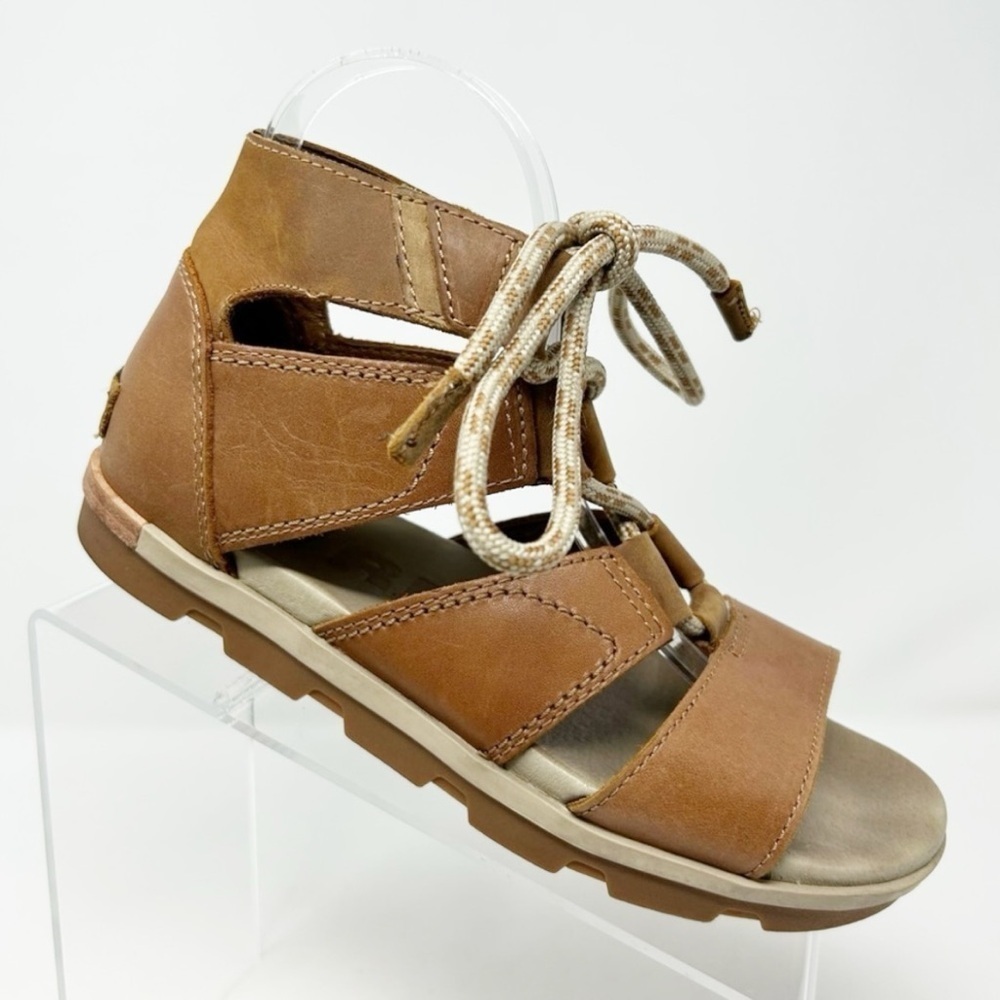 Sorel Torpeda Lace II Tan Light Brown Leather Flat Sandals Size 8.5 Comfort Boho